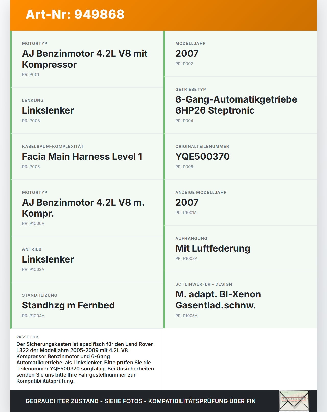 Land Range Rover L322 05-09 4,2 291KW Sicherungskasten Zentralelektrik Land Range Rover L322 05-09 20.09.2006... Vorschau 3