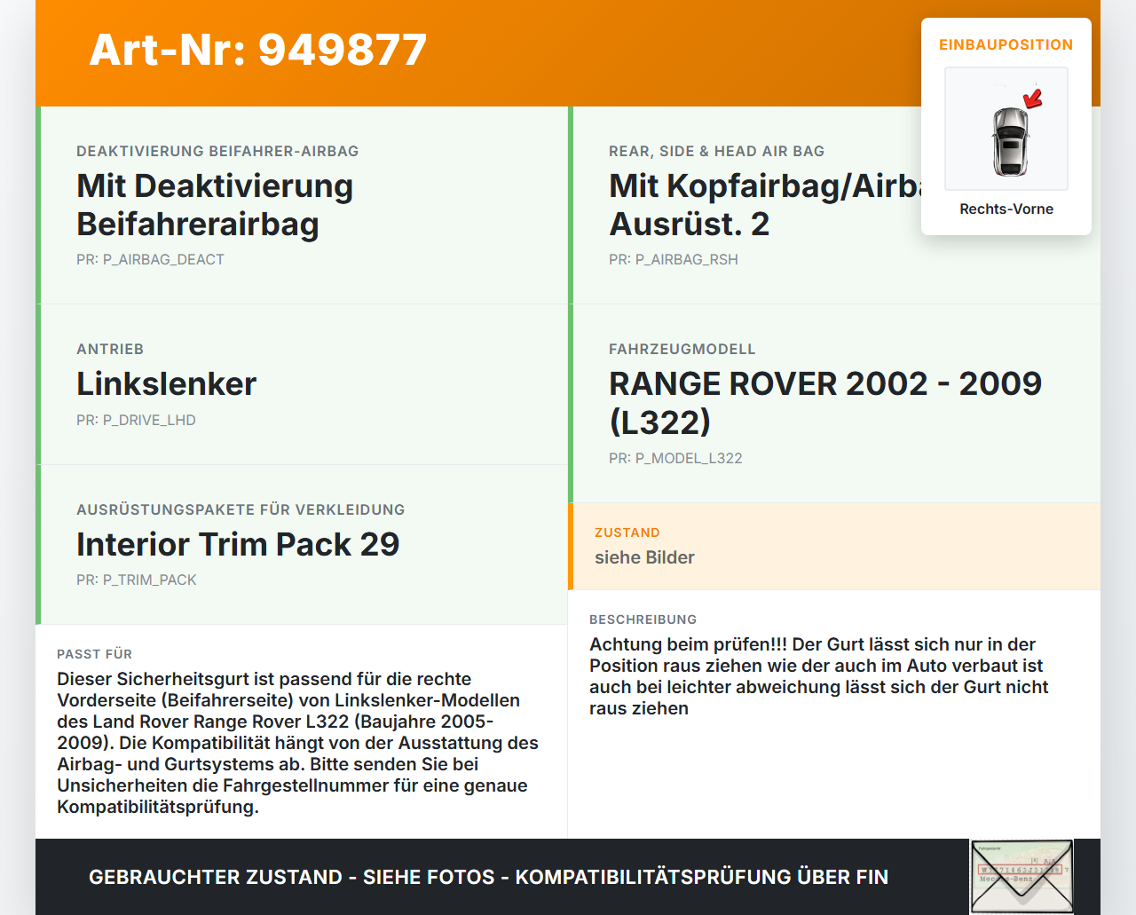 Land Range Rover L322 05-09 Gurt Sicherheitsgurt Rechts Vorne Land Range Rover L322 05-09 20.09.2006 EVB500640PUY... Vorschau 3