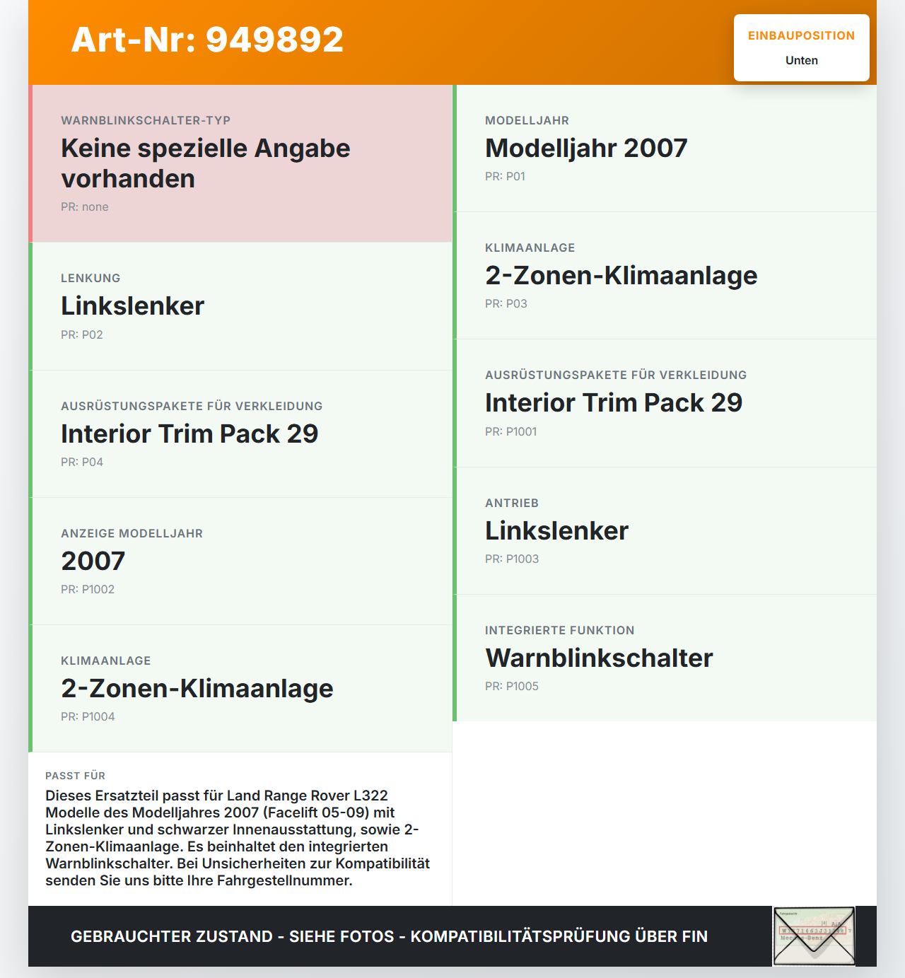 Land Range Rover L322 05-09 Luftdusche Luftdüse Mitte Unten Warnblinkschalter Land Range Rover L322 05-09... Vorschau 3