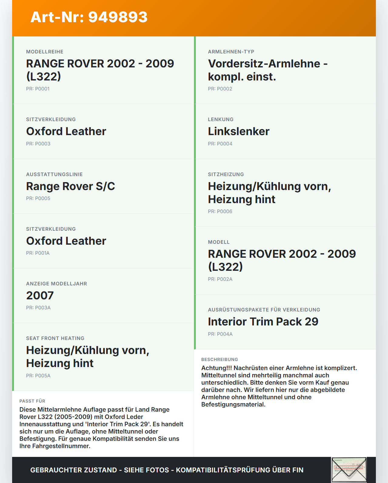 Land Range Rover L322 05-09 Armlehne Mittelarmlehne Auflage Land Range Rover L322 05-09 20.09.2006 HDA500060NUG... Vorschau 3