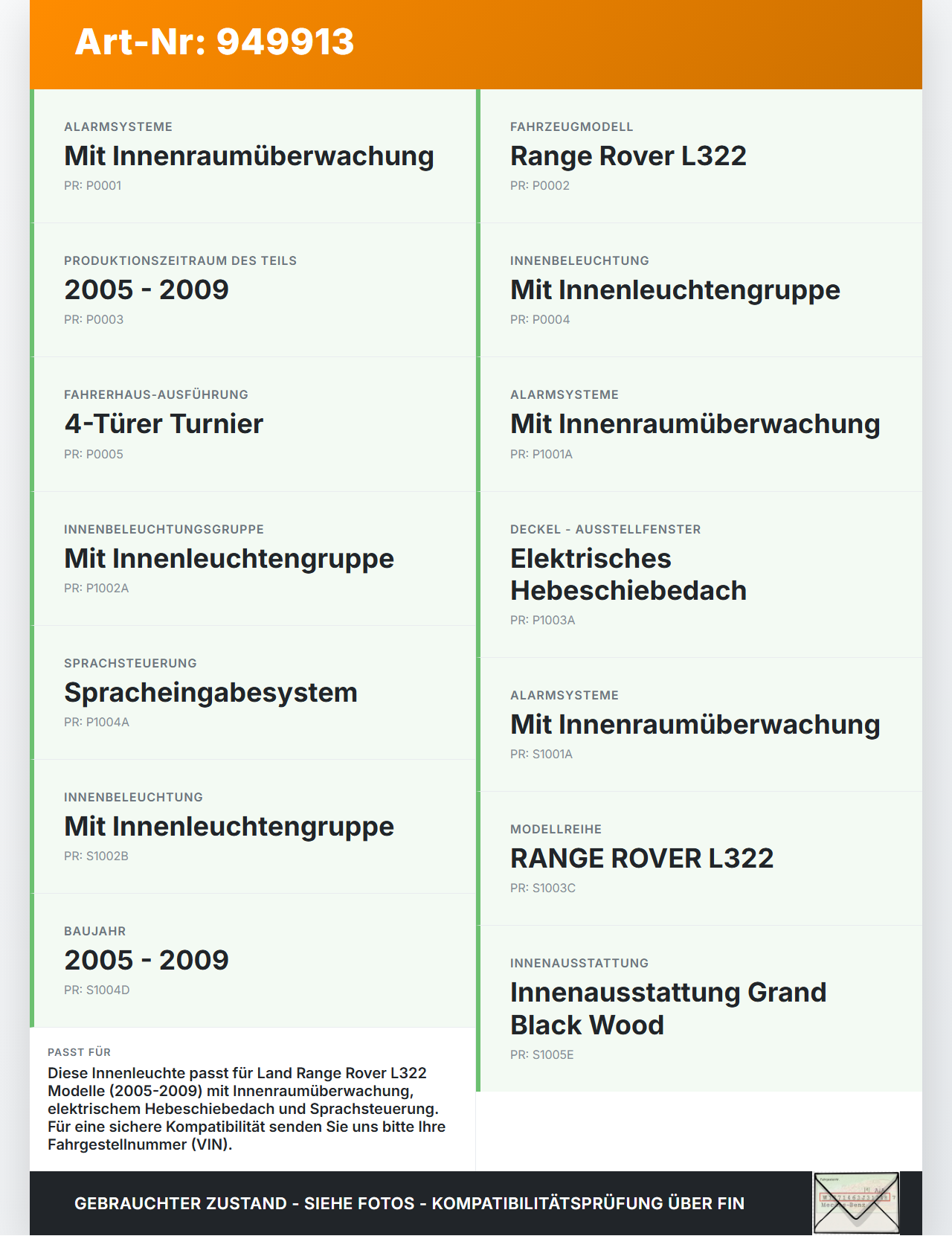 Land Range Rover L322 05-09 Innenleuchte Innenraumleuchte Land Range Rover L322 05-09 20.09.2006 YWC500021 gebraucht Vorschau 3