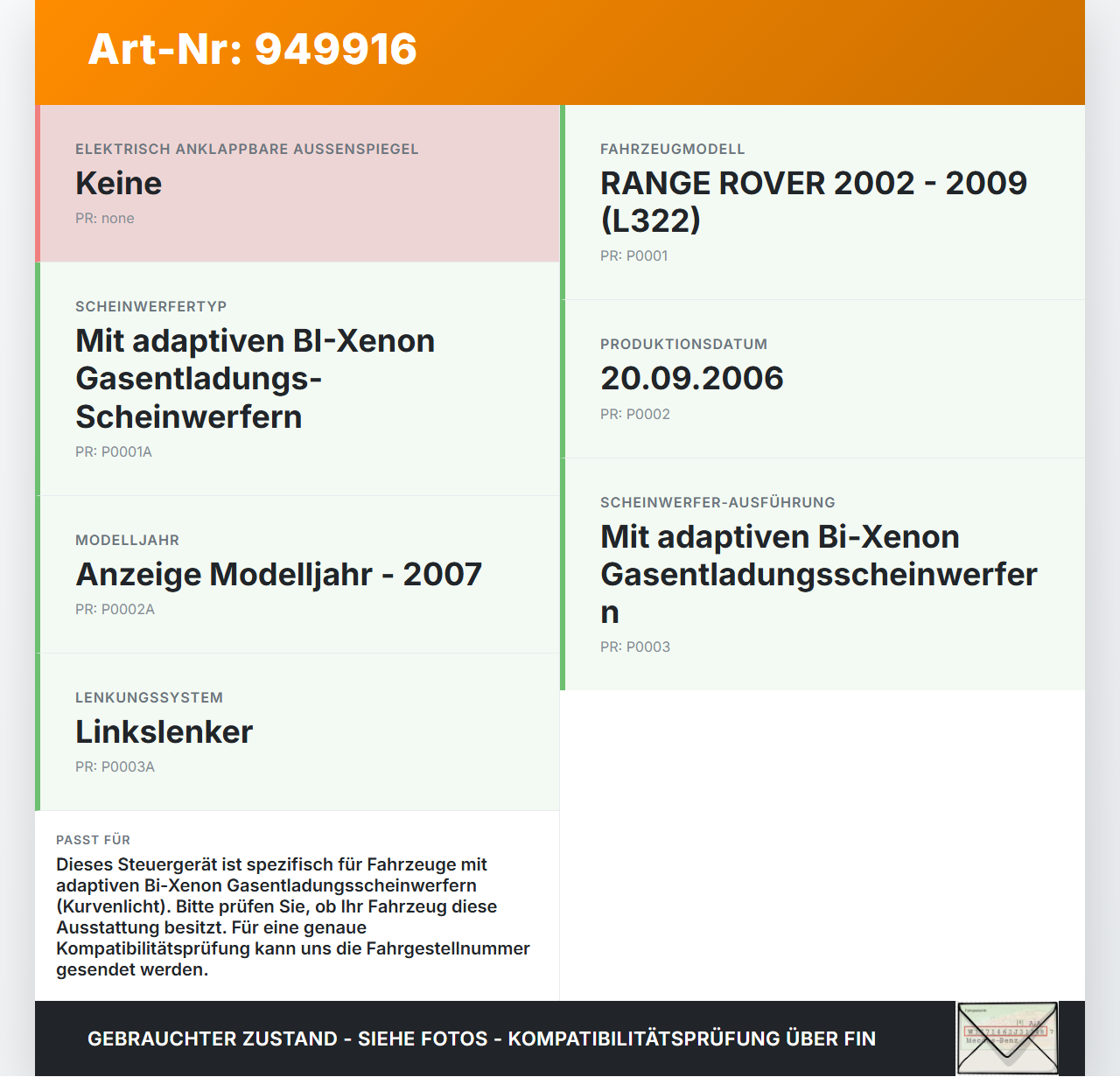 Land Range Rover L322 05-09 Steuergerät ECU Modul AFS Kurvenlicht Land Range Rover L322 05-09 20.09.2006... Vorschau 3