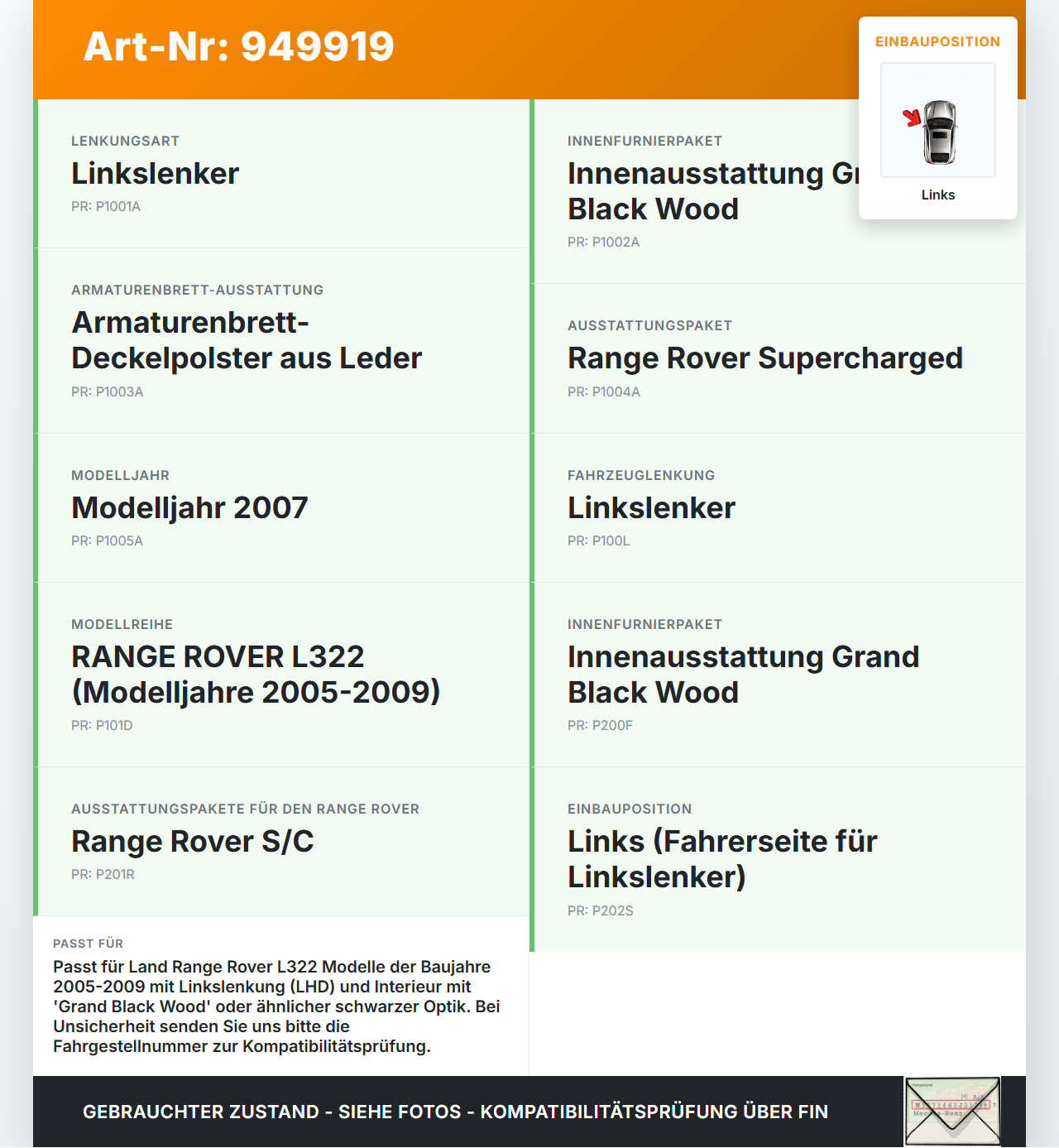 Land Range Rover L322 05-09 Blende für Armaturenbrett Abdeckung Links Land Range Rover L322 05-09 20.09.2006... Vorschau 3