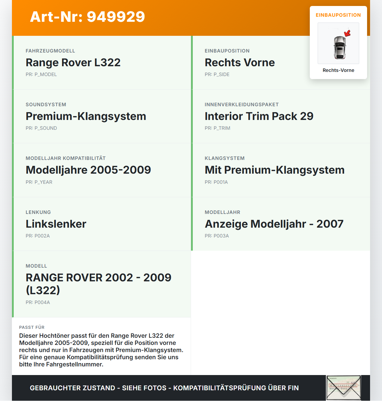 Land Range Rover L322 05-09 Lautsprecher Hochtöner Rechts Vorne Land Range Rover L322 05-09 20.09.2006 XQN500060... Vorschau 3