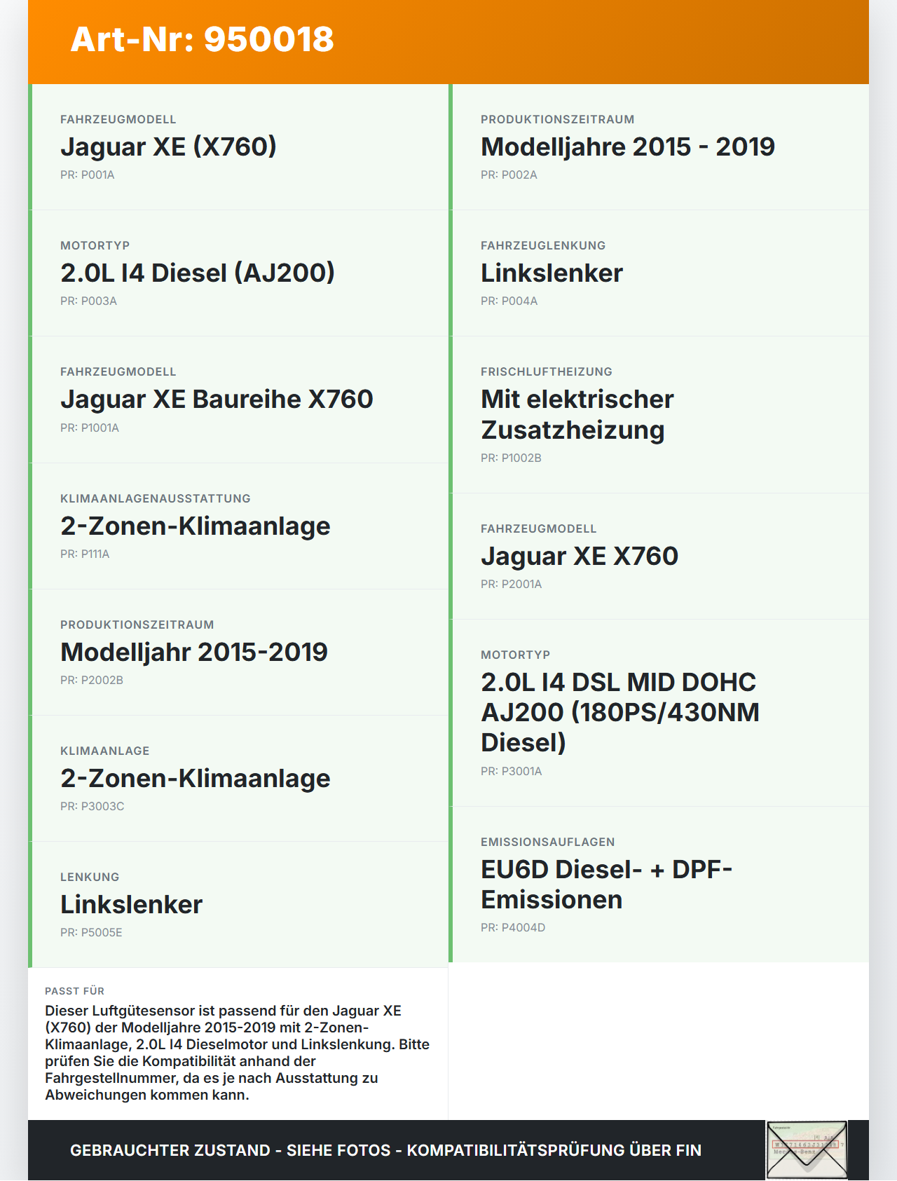 Jaguar XE X760 15-19 Sensor Luftgütesensor Jaguar XE X760 15-19 24.10.2019 gebraucht Vorschau 3
