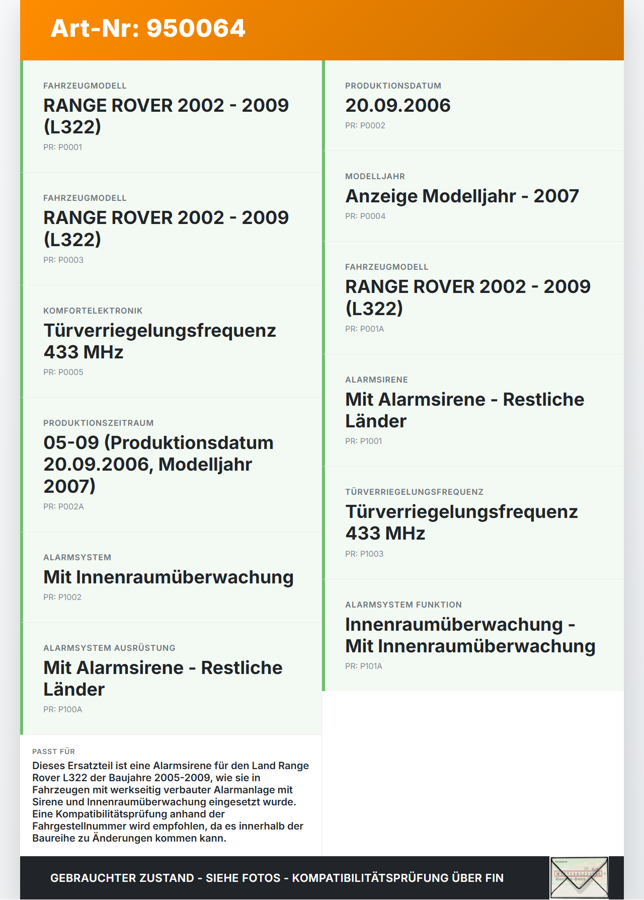 Land Range Rover L322 05-09 Alarmanlage Alarm Summer Sirene Land Range Rover L322 05-09 20.09.2006 H2649 gebraucht Vorschau 3