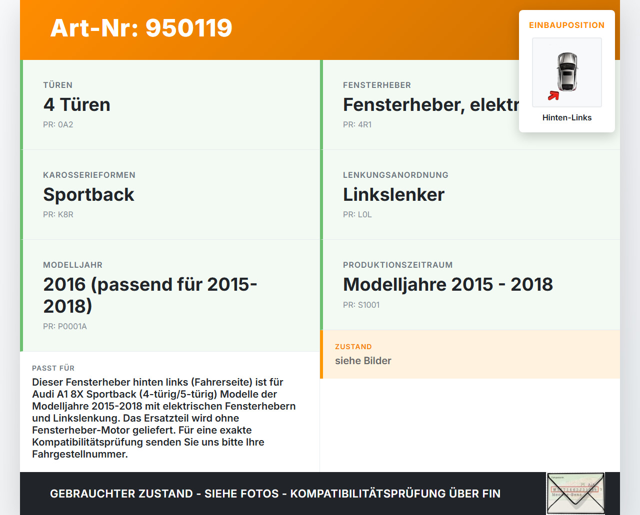 Audi A1 8X 15-18 5T Fensterheber o. FH-Motor Hinten Links Audi A1 8X 15-18 23.02.2016 8X4839461A 1021-928547-104... Vorschau 3