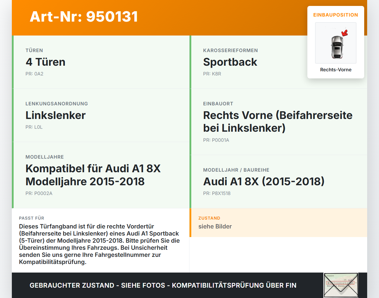 Audi A1 8X 15-18 5T Türfangband Türbremse Türanschlag Rechts Vorne Audi A1 8X 15-18 23.02.2016 8X4837249B gebraucht Vorschau 3