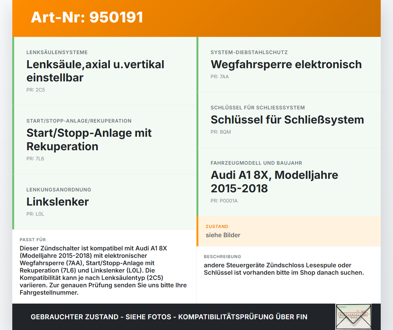Audi A1 8X 15-18 Zündschalter Audi A1 8X 15-18 23.02.2016 1K0905849 6K0905866 280.267 gebraucht Vorschau 3