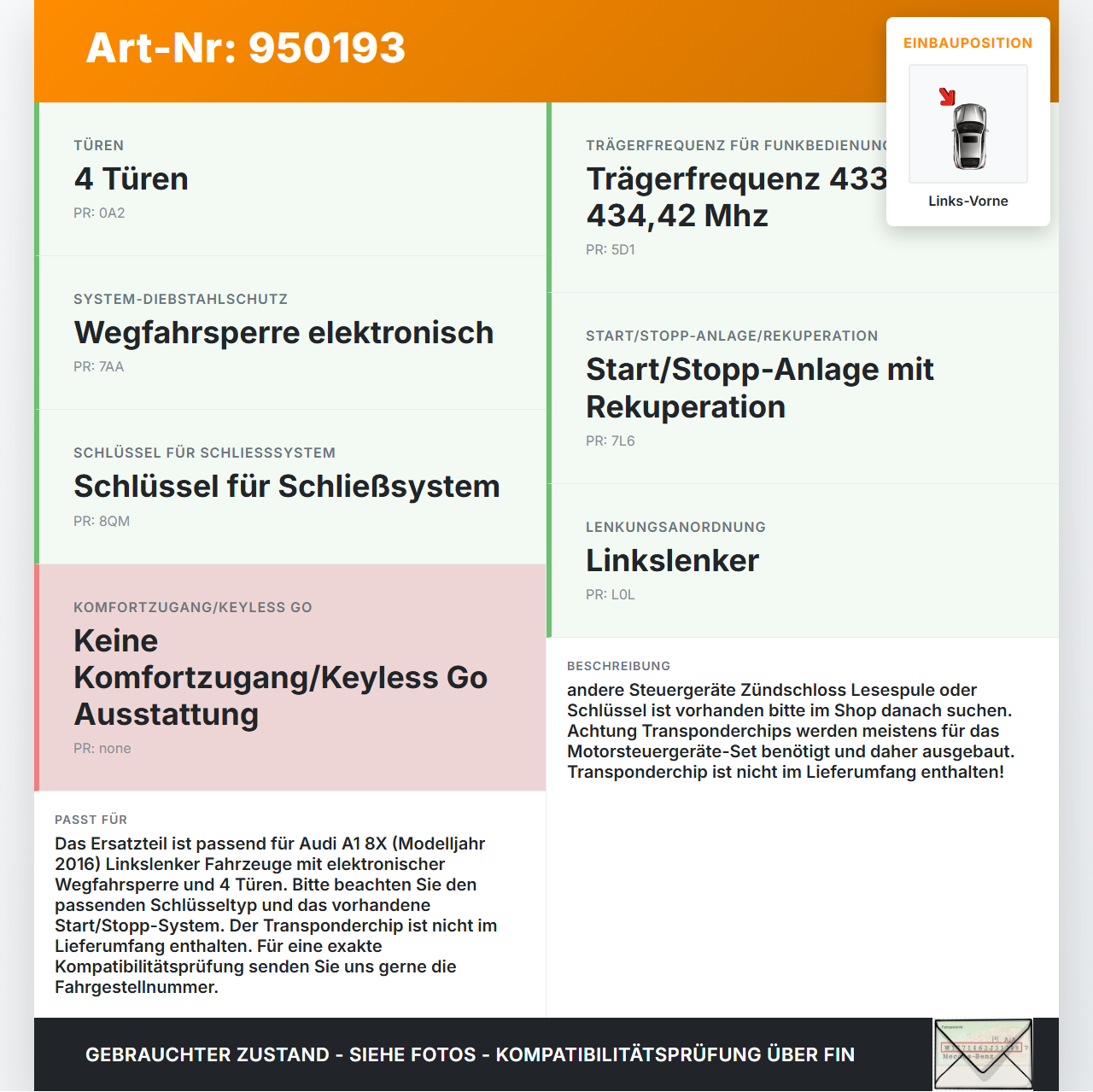 Audi A1 8X 15-18 Zündschloss Schlüssel Türschliesszylinder Li Vo Audi A1 8X 15-18 23.02.2016 f8X4898375 gebraucht Vorschau 3