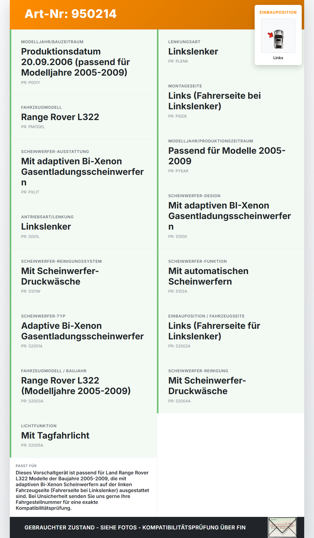 Land Range Rover L322 05-09 Xenon Vorschaltgerät Links Land Range Rover L322 05-09 20.09.2006 5DV009000-00 gebraucht Vorschau 3