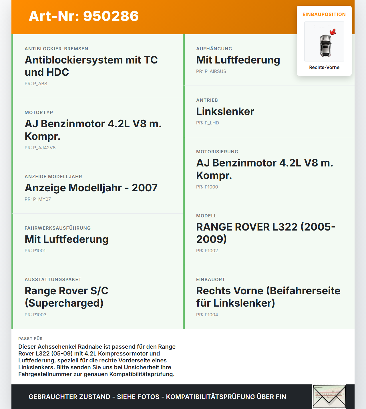 Land Range Rover L322 05-09 4,2 291KW Achsschenkel Radnabe Rechts Vorne Land Range Rover L322 05-09 20.09.2006... Vorschau 3