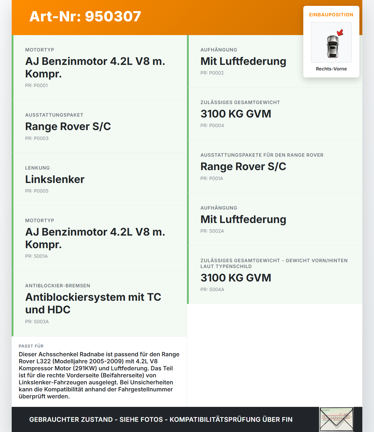 Land Range Rover L322 05-09 4,2 291KW Achsschenkel Radnabe Rechts Vorne Land Range Rover L322 05-09 20.09.2006... Vorschau 3