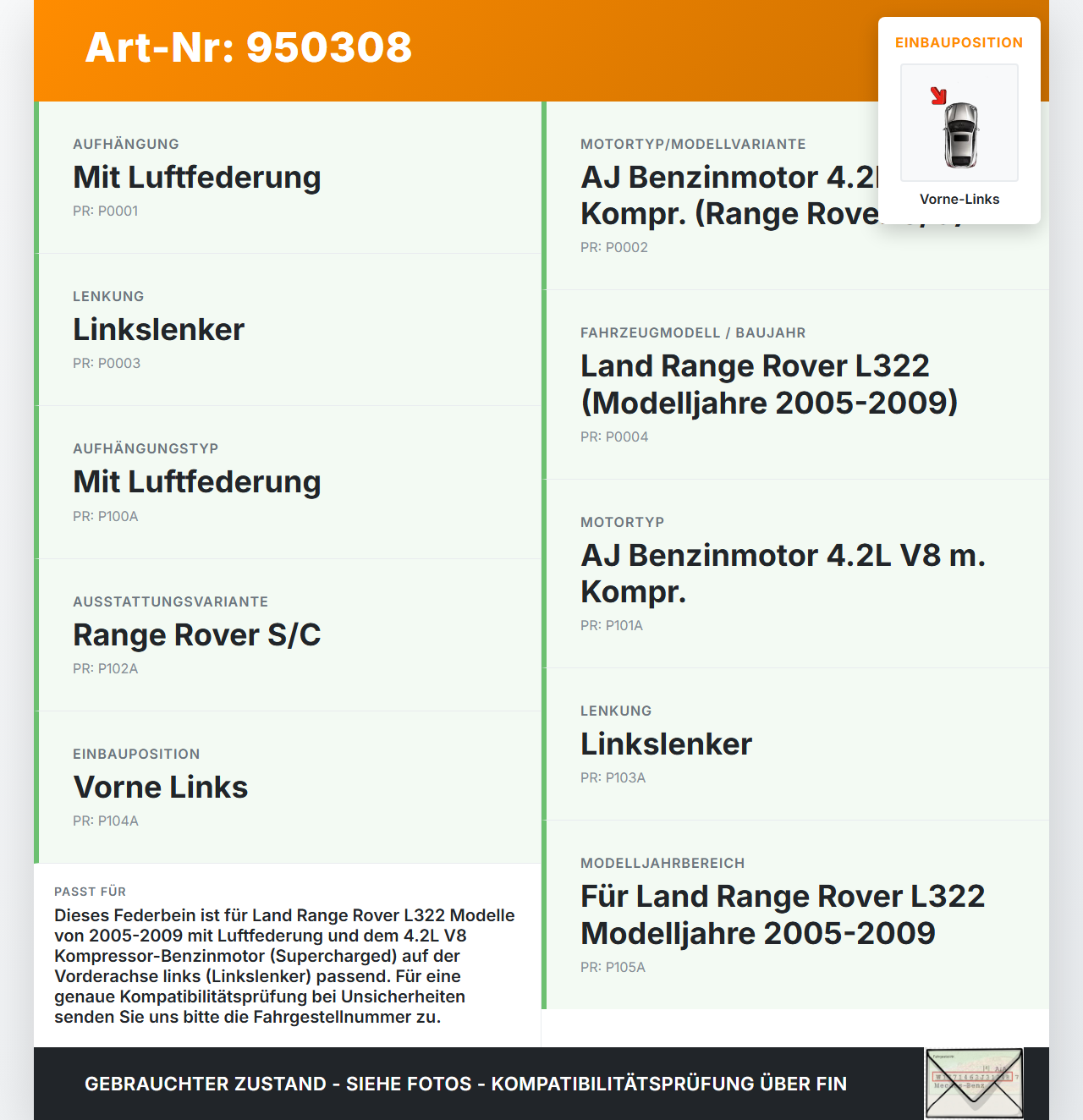 Land Range Rover L322 05-09 Federbein Stossdämpfer Vorne Links Land Range Rover L322 05-09 20.09.2006 RNB500550... Vorschau 3