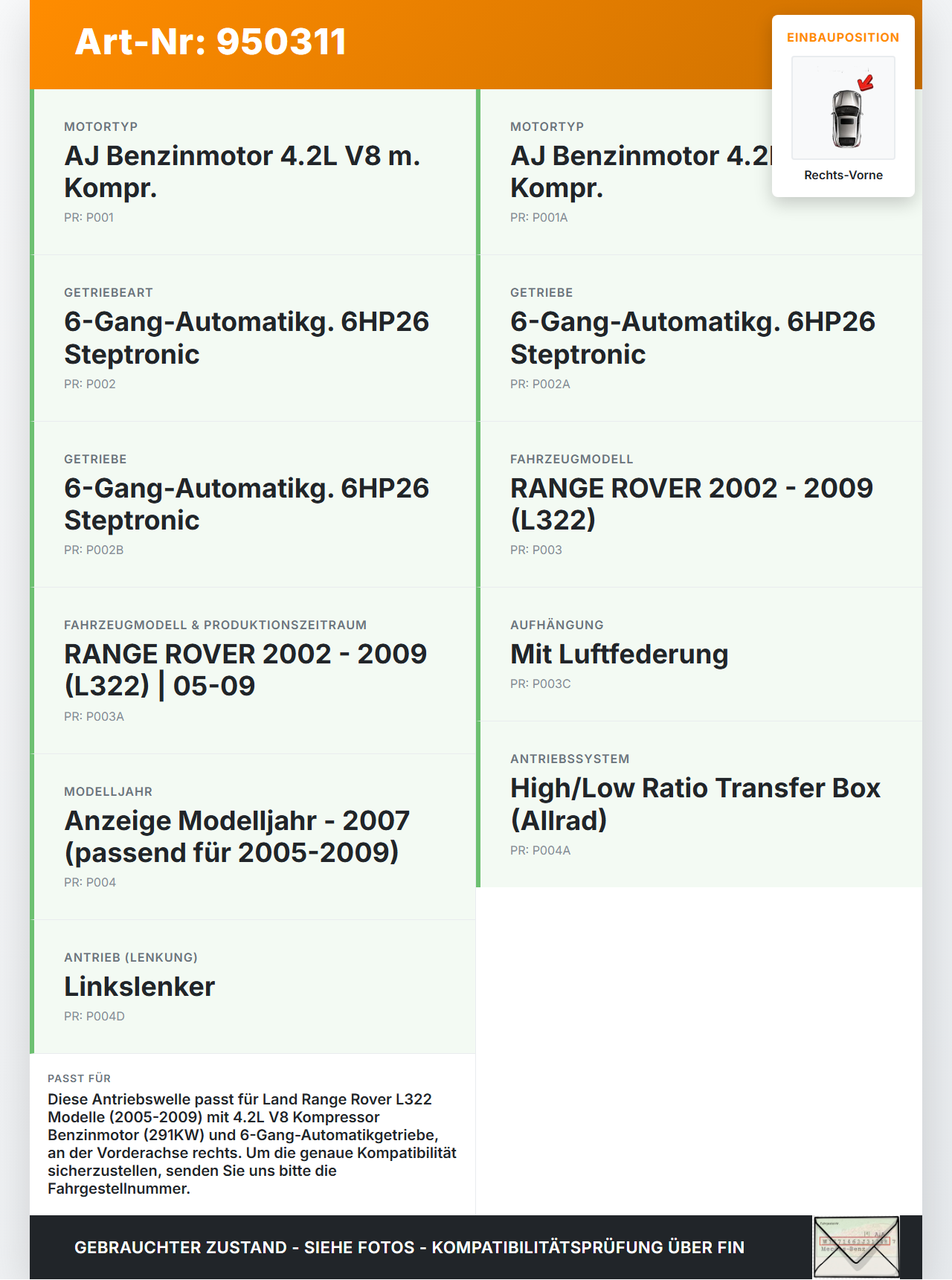 Land Range Rover L322 05-09 4,2 291KW Autom Antriebswelle Gelenkwelle Rechts Vorne Land Range Rover L322 05-09... Vorschau 3