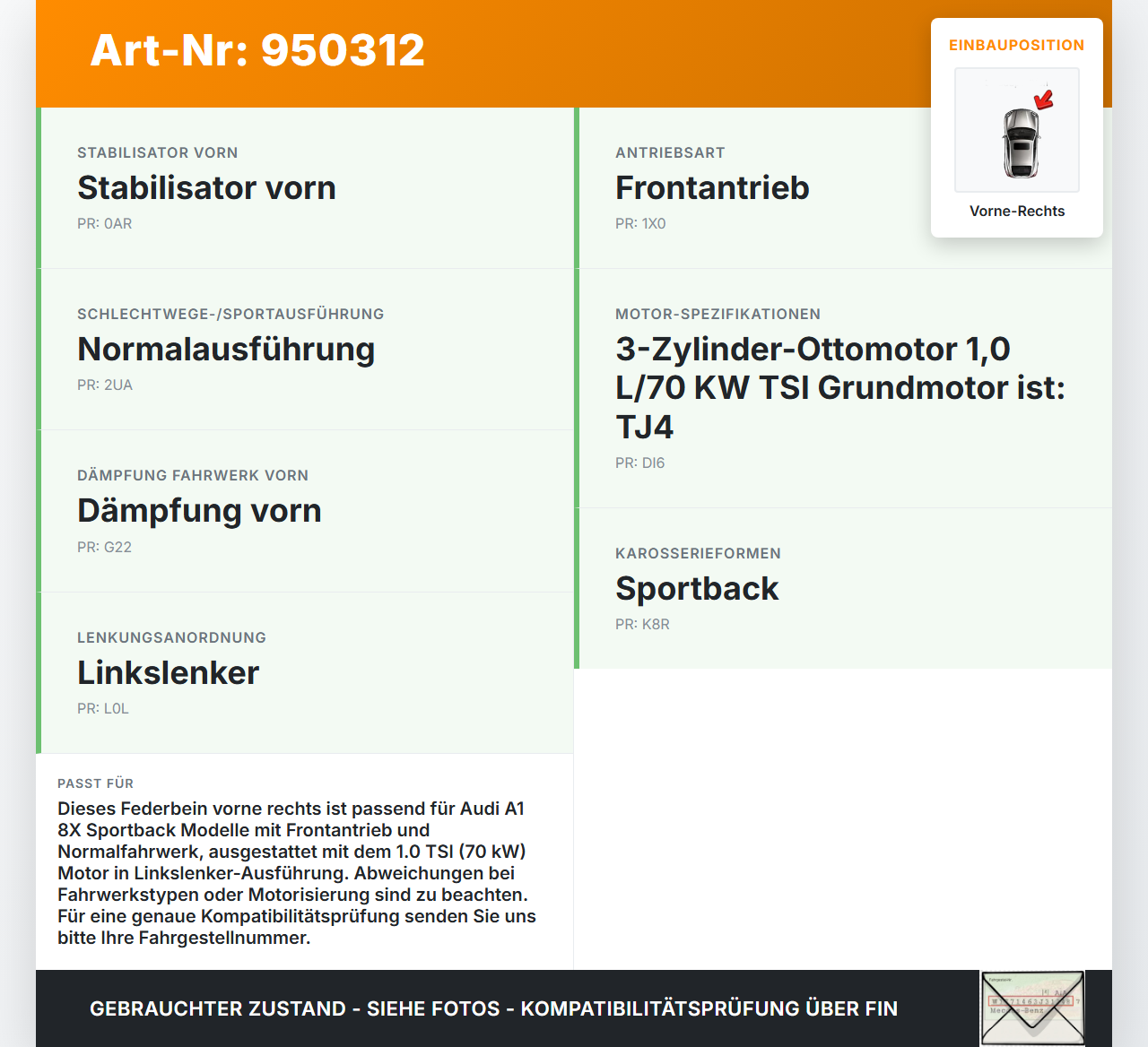 Audi A1 8X 15-18 5T Federbein Stossdämpfer Vorne Rechts Audi A1 8X 15-18 23.02.2016 6C0413031CC gebraucht Vorschau 3