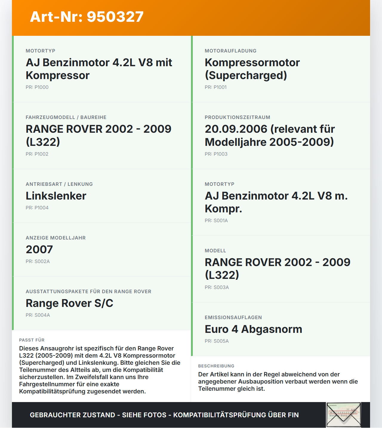 Land Range Rover L322 05-09 4,2 291KW Ansaugrohr Ladeluftkanal für Lader Land Range Rover L322 05-09 20.09.2006... Vorschau 3