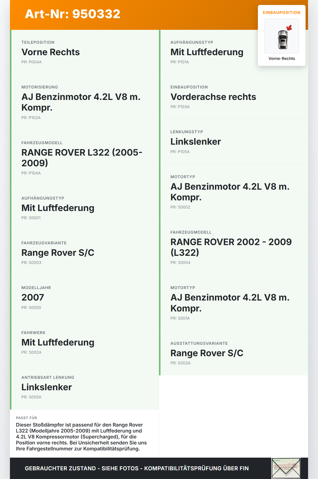 Land Range Rover L322 05-09 Federbein Stossdämpfer Vorne Rechts Land Range Rover L322 05-09 20.09.2006 RNB500540... Vorschau 3