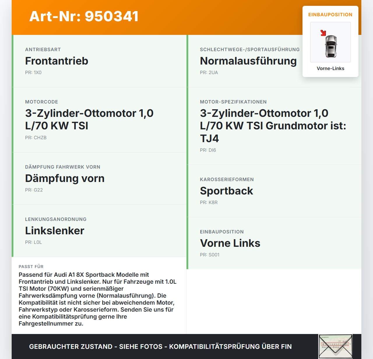 Audi A1 8X 15-18 5T Federbein Stossdämpfer Vorne Links Audi A1 8X 15-18 23.02.2016 6C0413031CC gebraucht Vorschau 3