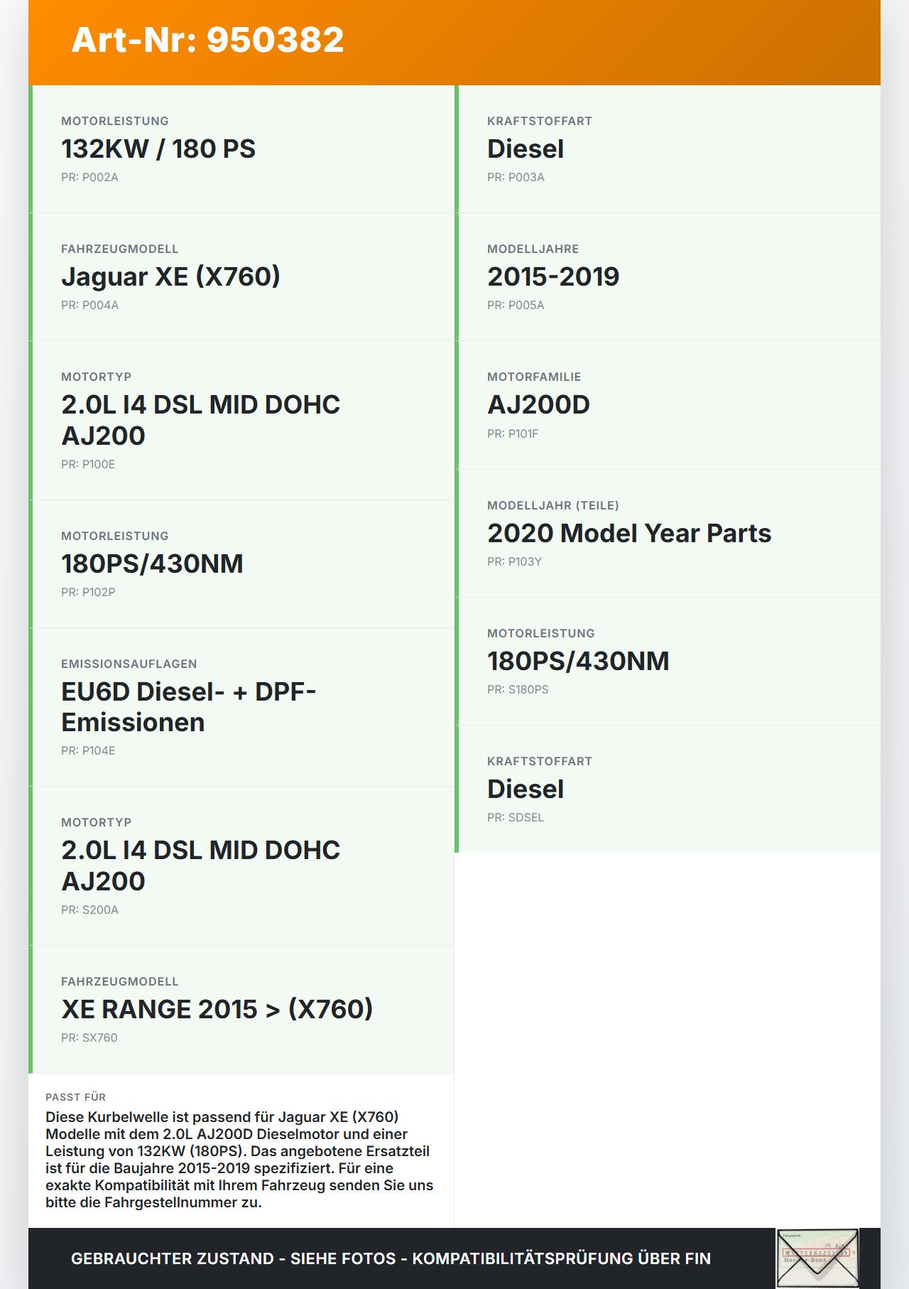 Jaguar XE X760 15-19 2,0d 132KW AJ200 Kurbelwelle Jaguar XE X760 15-19 24.10.2019 G403EA gebraucht Vorschau 3