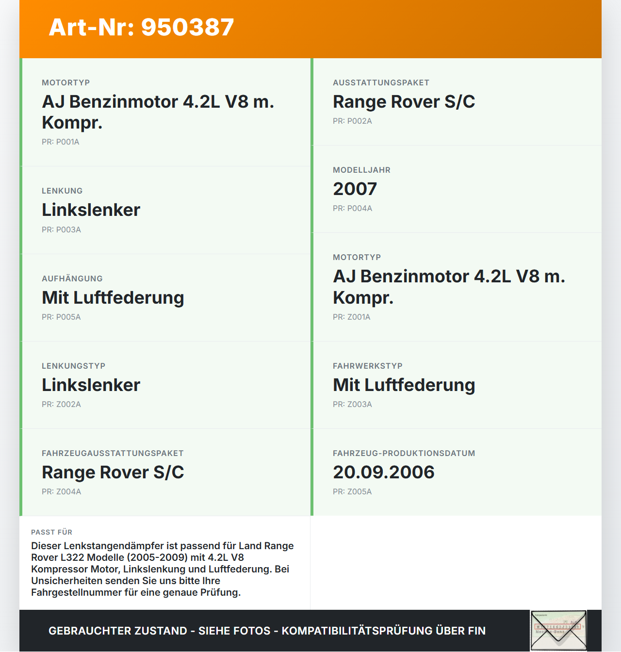 Land Range Rover L322 05-09 4,2 291KW Dämpfer für Lenkstange Land Range Rover L322 05-09 20.09.2006 gebraucht Vorschau 3