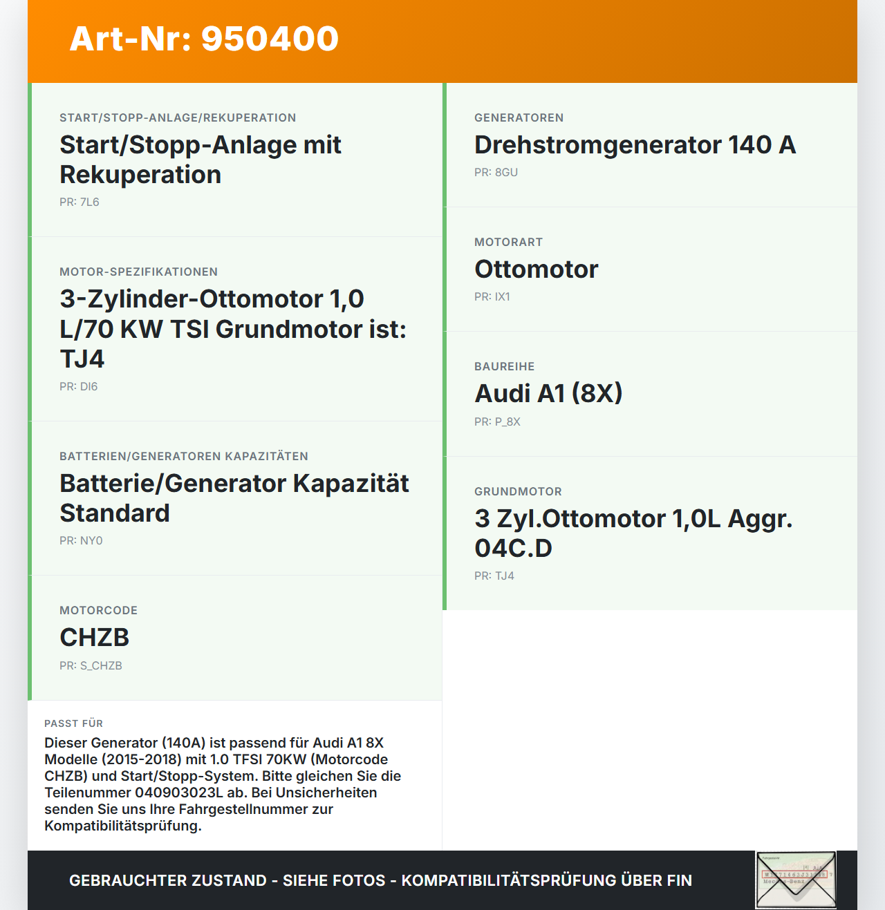 Audi A1 8X 15-18 TFSi 1,0 70KW Lichtmaschine Generator 140A 14V Audi A1 8X 15-18 23.02.2016 04C903023L 040903023L... Vorschau 3