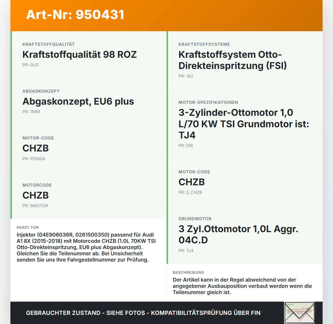 Audi A1 8X 15-18 TFSi 1,0 70KW Injektor Einspritzdüse Zyl.1 Audi A1 8X 15-18 23.02.2016 04E906036R 0261500350 gebraucht Vorschau 3