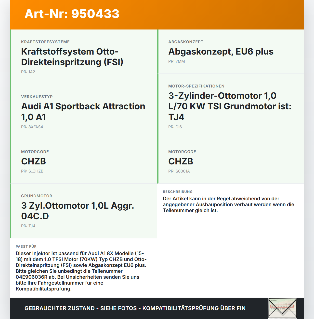 Audi A1 8X 15-18 TFSi 1,0 70KW Injektor Einspritzdüse Zyl.3 Audi A1 8X 15-18 23.02.2016 04E906036R 0261500350 gebraucht Vorschau 3
