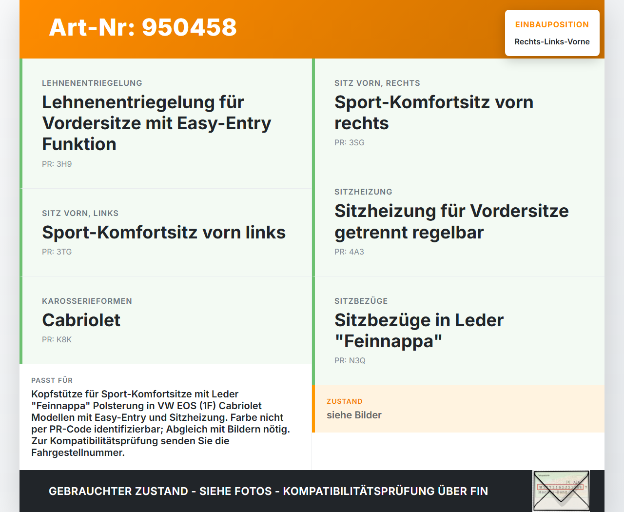 VW EOS 1F 06-09 Cabriolet Kopfstütze für Beifahrer Sitz Rechts oder Links Vorne VW EOS 1F 06-09 13.04.2007... Vorschau 3