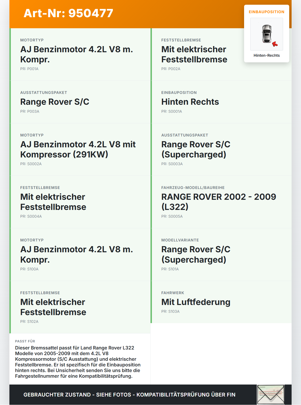 Land Range Rover L322 05-09 4,2 291KW Bremssattel Bremszange Hinten Rechts Land Range Rover L322 05-09 20.09.2006... Vorschau 3