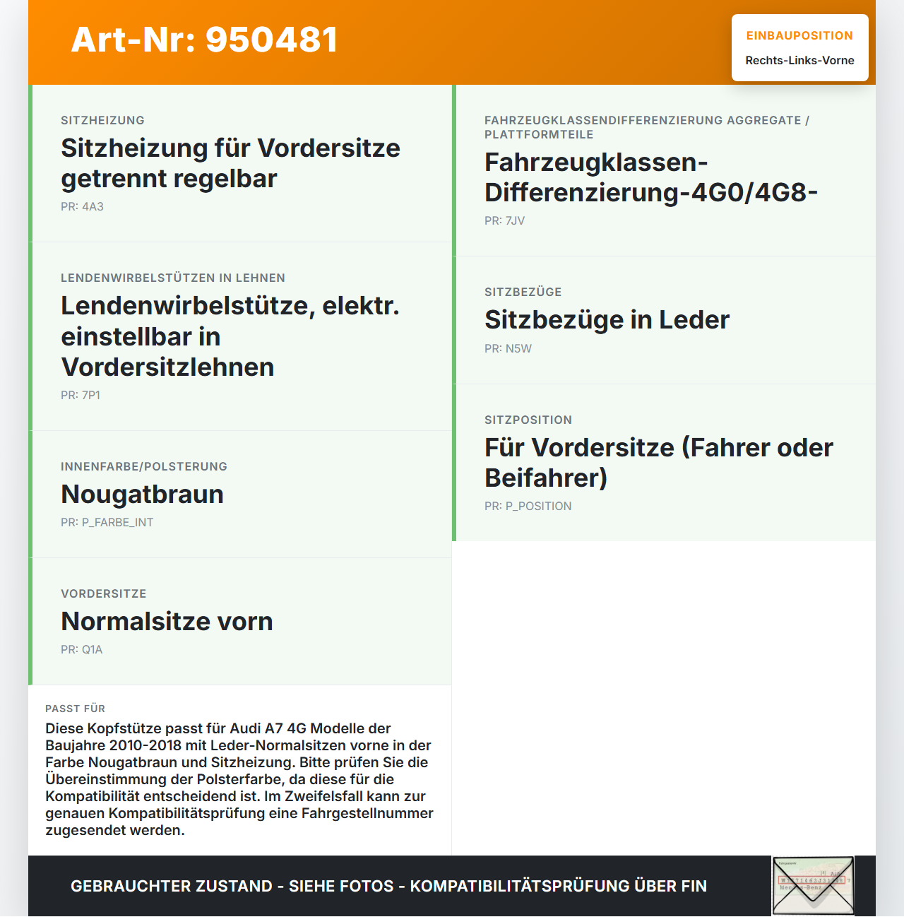 Audi A7 4G 10-18 Leder Kopfstütze für Fahrer Sitz Rechts oder Links Vorne Nougatbraun Audi A7 4G 10-18 19.06.2012... Vorschau 3