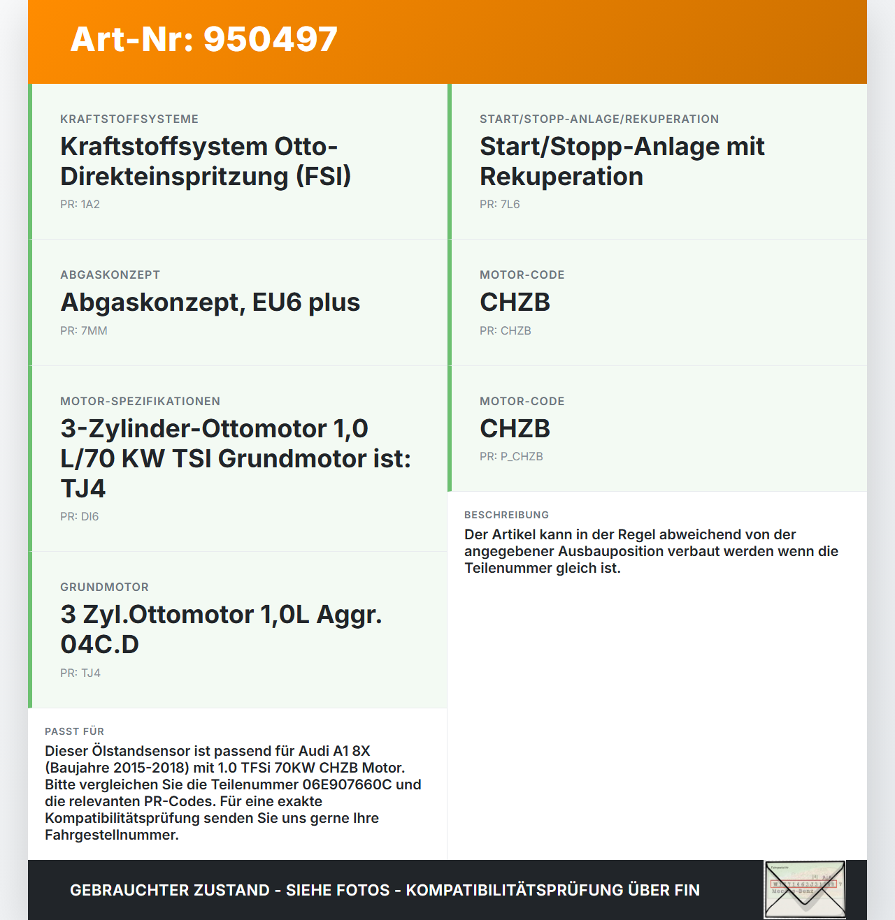 Audi A1 8X 15-18 TFSi 1,0 70KW CHZB Ölstandsensor Audi A1 8X 15-18 23.02.2016 6PR010418-20 06E907660C gebraucht Vorschau 3