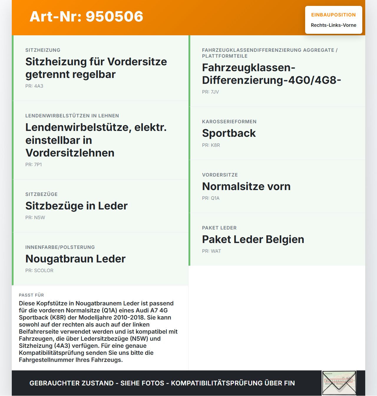 Audi A7 4G 10-18 Coupe Leder Kopfstütze für Beifahrer Sitz Rechts oder Links Vorne Nougatbraun Audi A7 4G 10-18... Vorschau 3