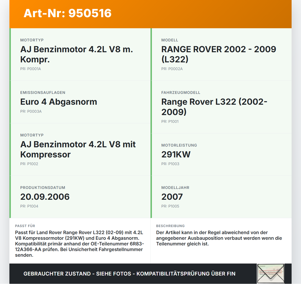 Land Range Rover L322 05-09 4,2 291KW Zündspule Zyl.3 Land Range Rover L322 05-09 20.09.2006 4744015 6R83-12A366-AA... Vorschau 3