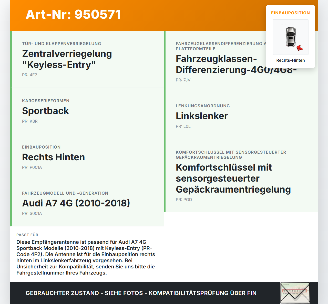 Audi A7 4G 10-18 Empfänger Antenne für Kessy Keyless Entry Rechts Hinten Audi A7 4G 10-18 19.06.2012 8K0907247 gebraucht Vorschau 3