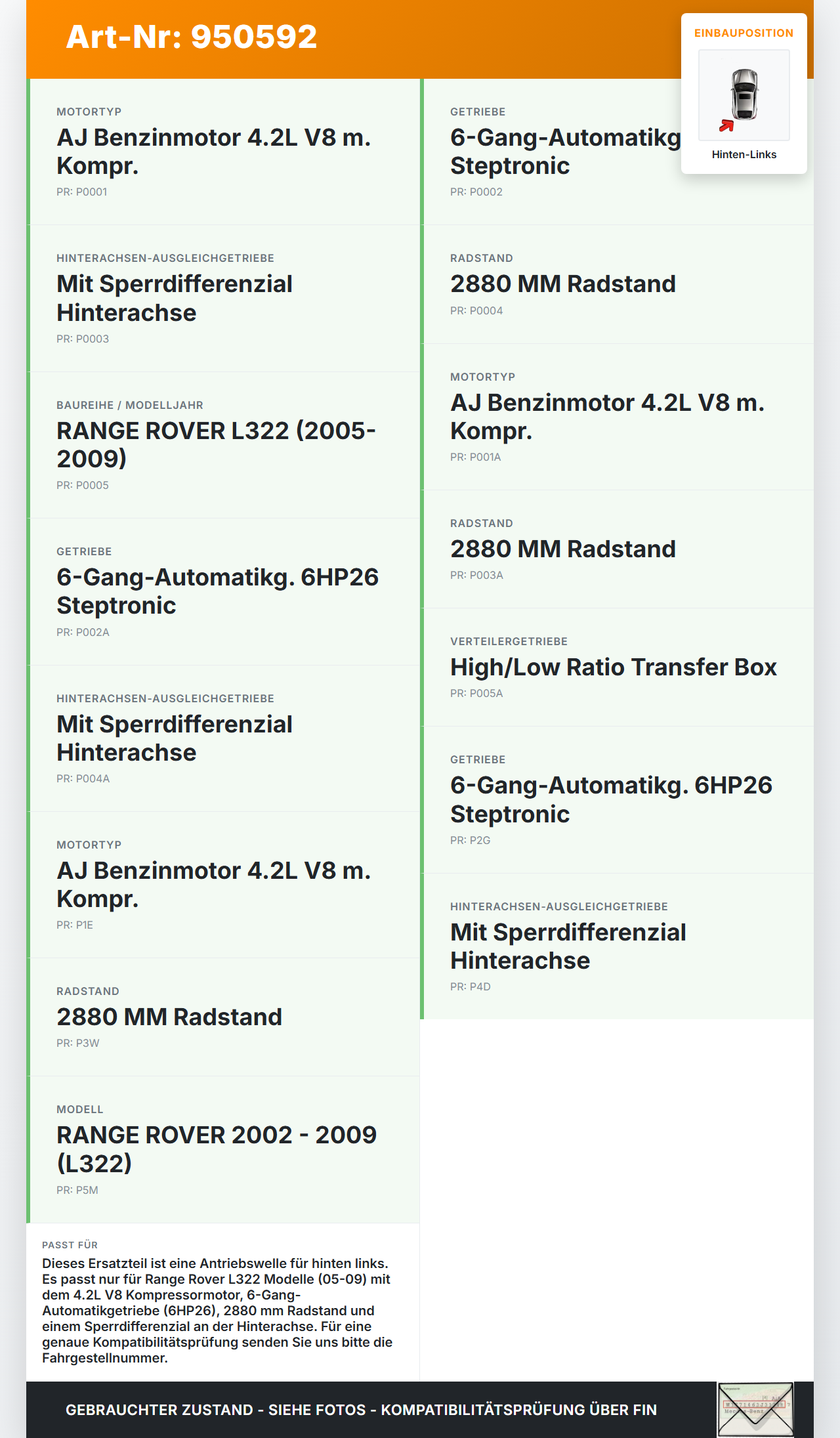 Land Range Rover L322 05-09  4,2 291KW Antriebswelle Gelenkwelle Hinten Links Land Range Rover L322 05-09... Vorschau 3