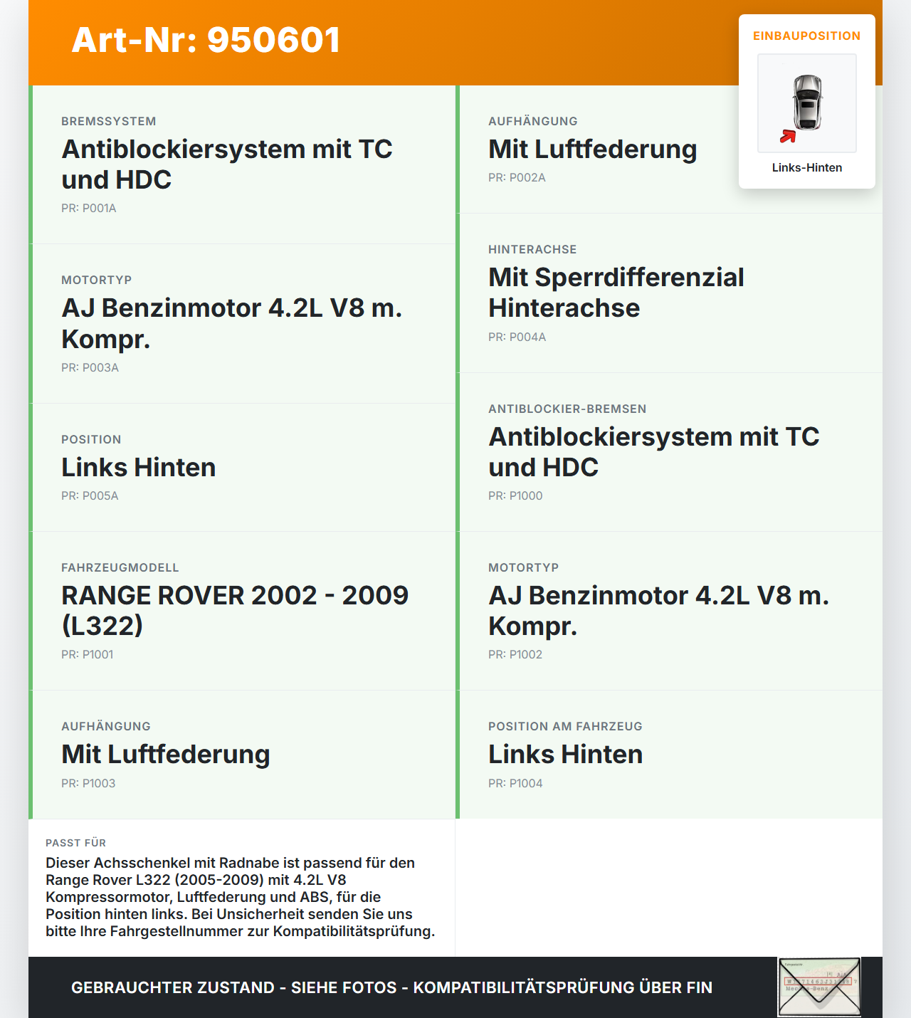 Land Range Rover L322 05-09  4,2 291KW Achsschenkel Radnabe mit ABS Links Hinten Land Range Rover L322 05-09... Vorschau 3