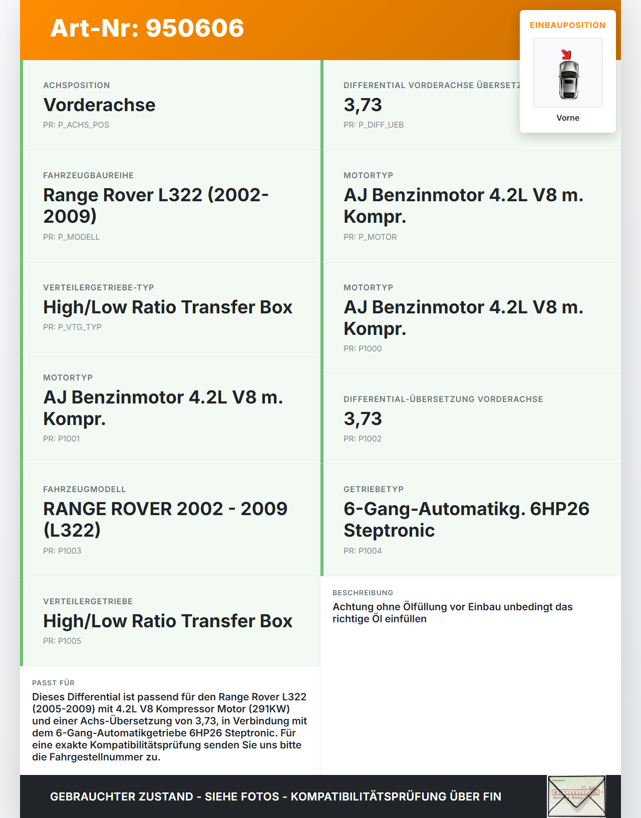 Land Range Rover L322 05-09 4,2 291KW Differential Vorderachsgetriebe Vorne 3,73 Land Range Rover L322 05-09... Vorschau 3