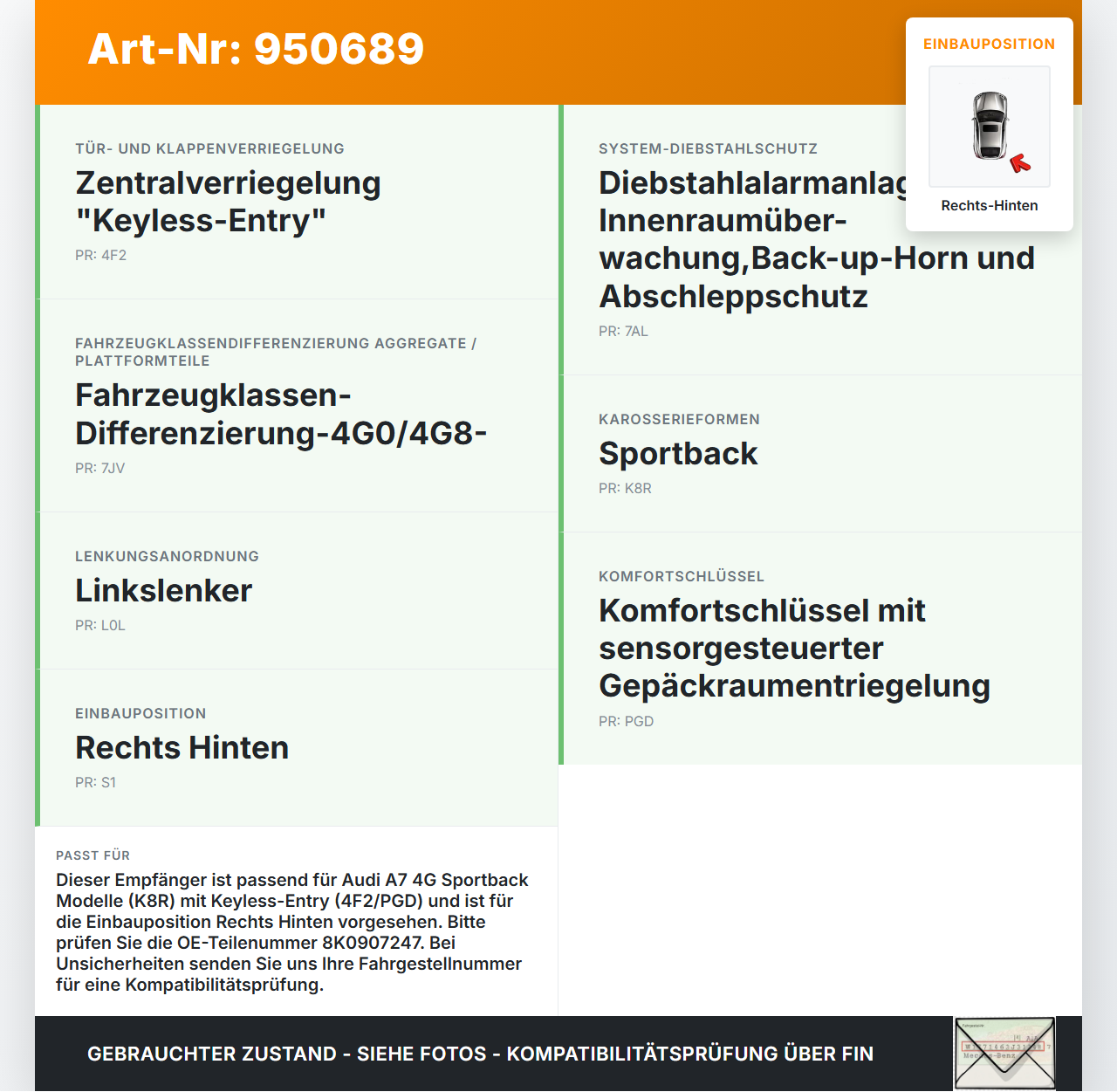 Audi A7 4G 10-18 Empfänger Antenne für Kessy Keyless Entry Rechts Hinten Audi A7 4G 10-18 19.06.2012 8K0907247... Vorschau 3