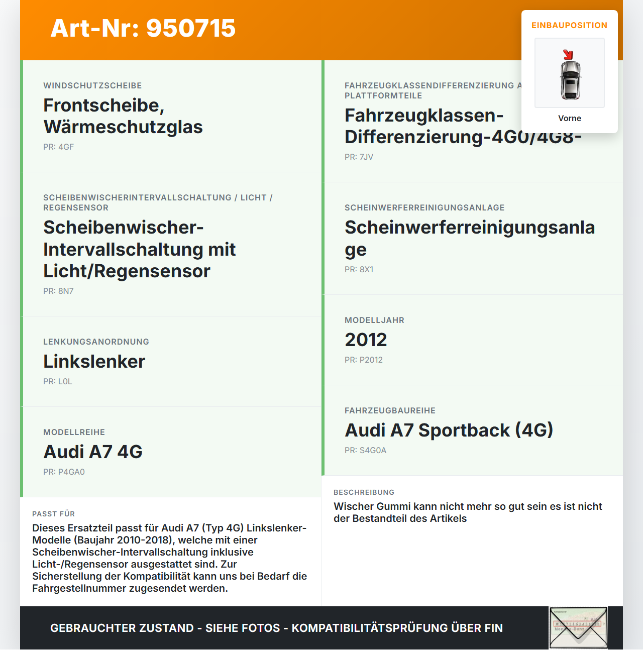 Audi A7 4G 10-18 2x Scheibenwischer Wischarm Vorne Audi A7 4G 10-18 19.06.2012 4G1955407C gebraucht Vorschau 3
