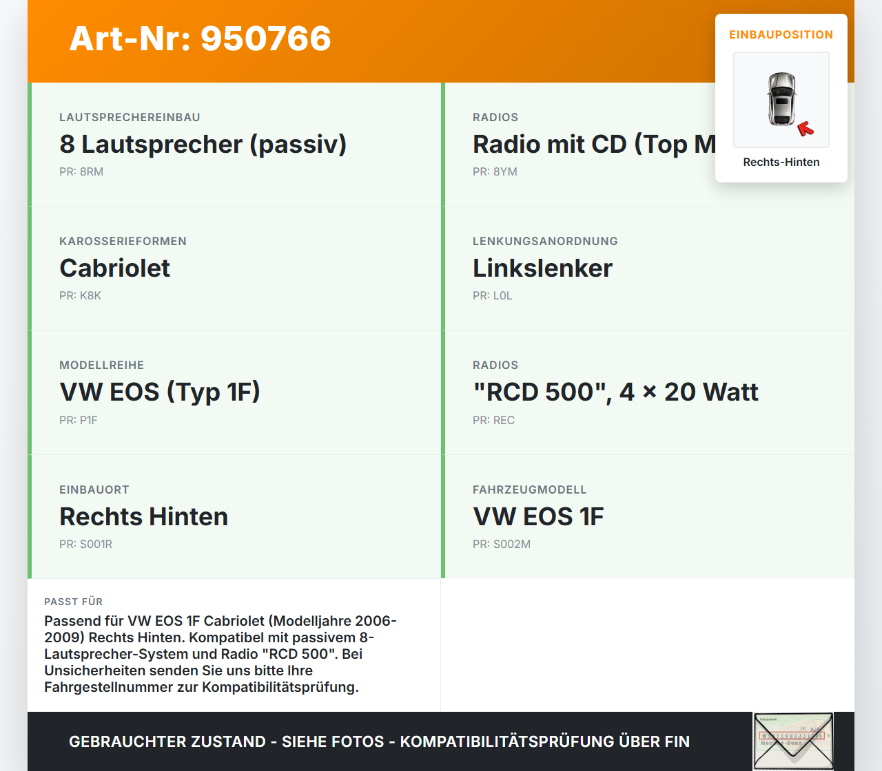 VW EOS 1F 06-09 Cabriolet Lautsprecher Rechts Hinten VW EOS 1F 06-09 13.04.2007 1Q0035454A 902275487909 gebraucht Vorschau 3