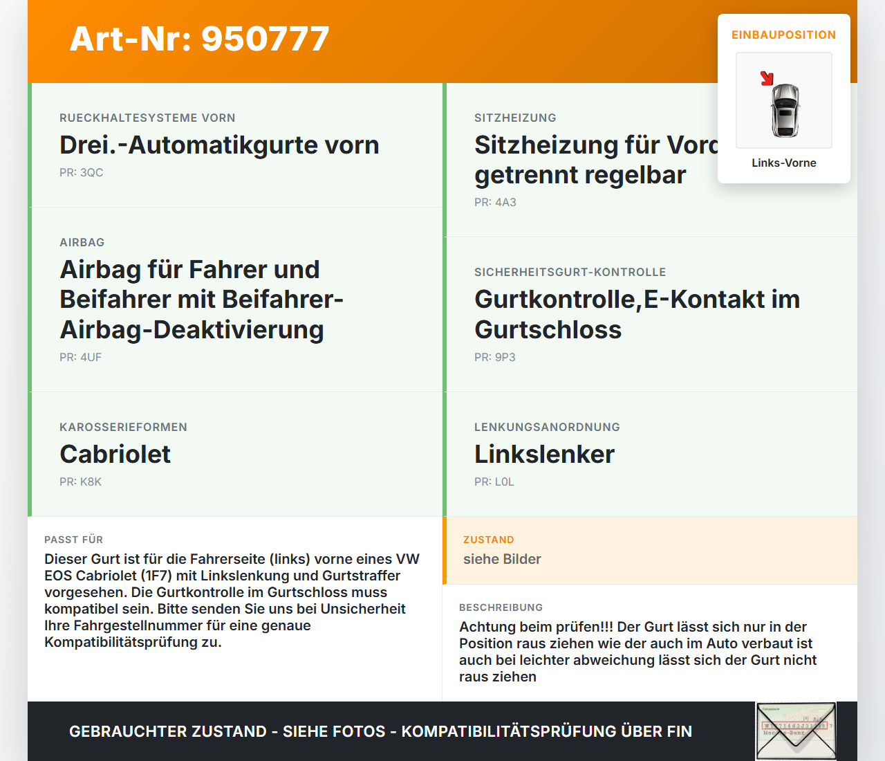 VW EOS 1F 06-09 Cabriolet Gurt Sicherheitsgurt m. Gurtstraffer Fahrer Links Vorne VW EOS 1F 06-09 13.04.2007... Vorschau 3