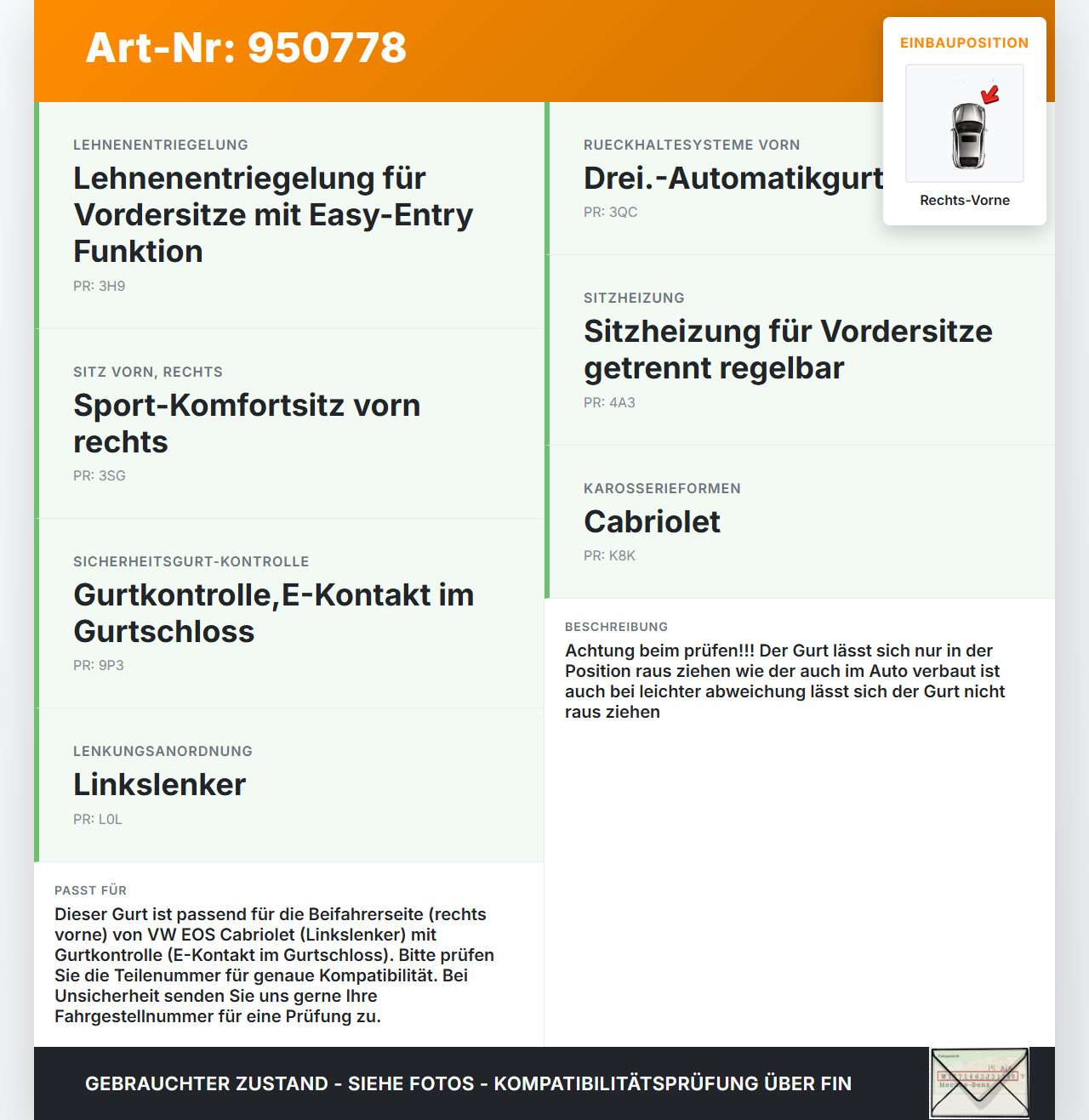 VW EOS 1F 06-09 Cabriolet Gurt Sicherheitsgurt Rechts Vorne VW EOS 1F 06-09 13.04.2007 1Q1857706 1Q1857706RAA... Vorschau 3