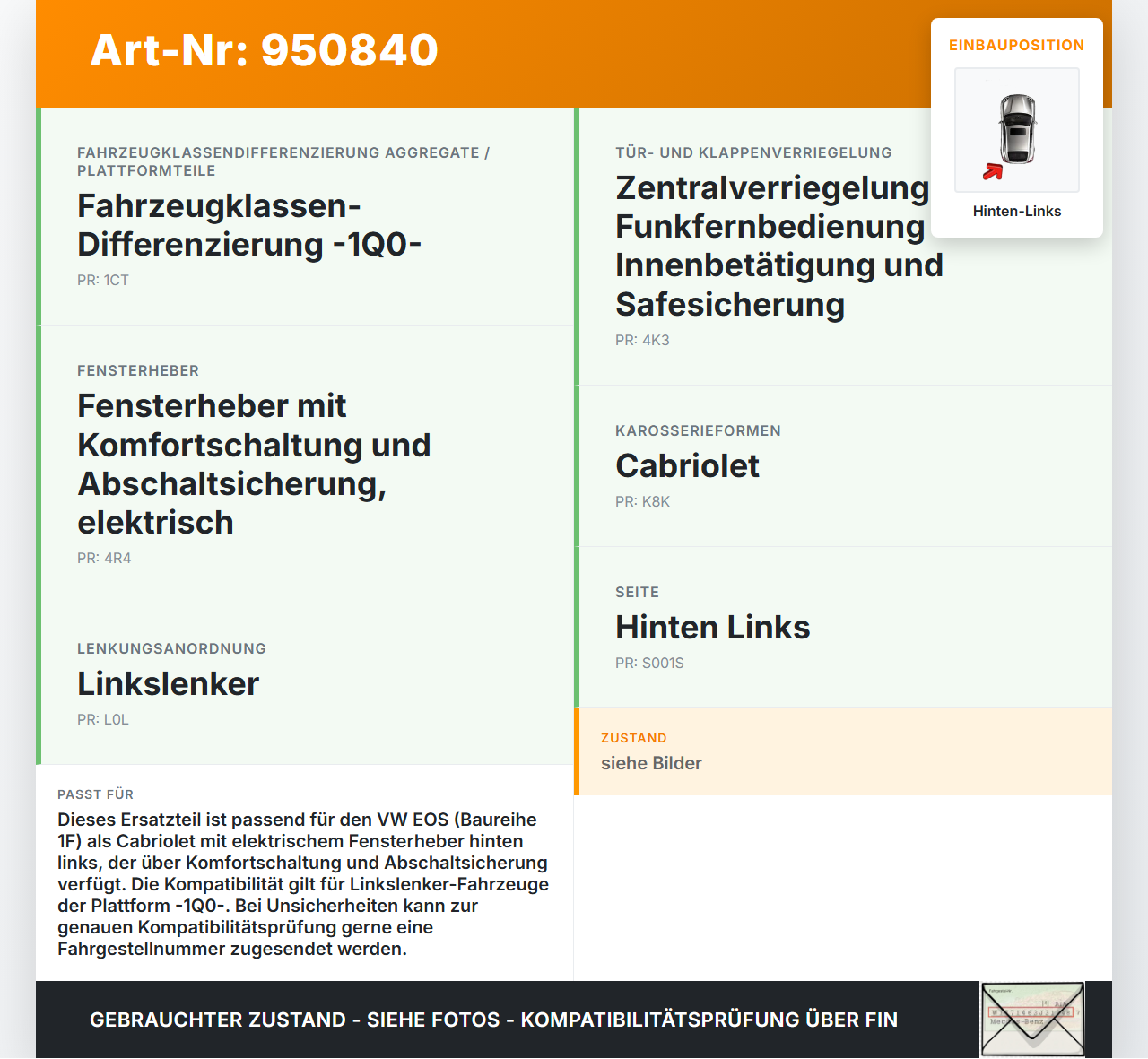 VW EOS 1F 06-09 Cabriolet Fensterheber Fensterhebermotor Hinten Links VW EOS 1F 06-09 13.04.2007 1Q0839461... Vorschau 3
