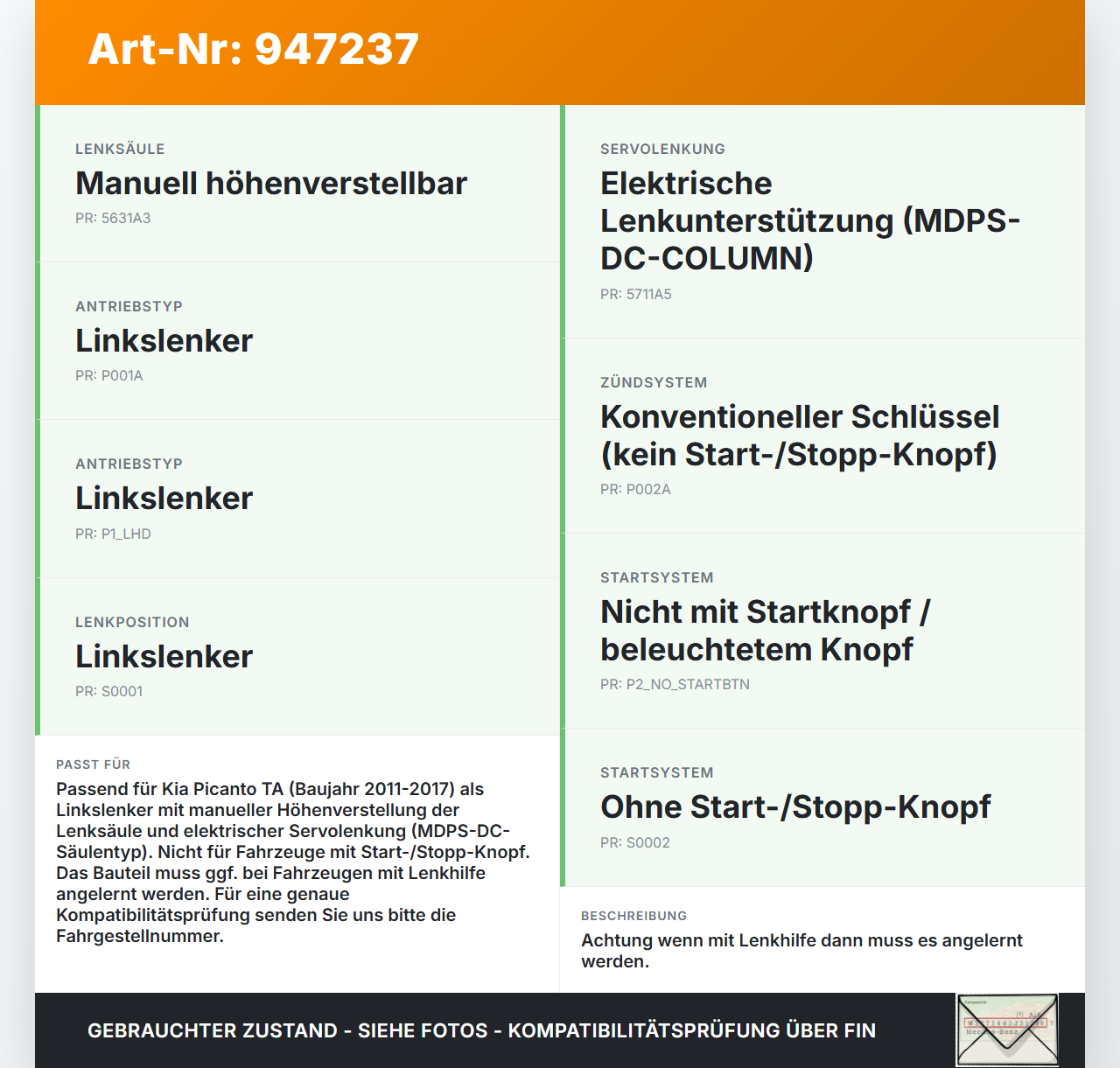 Kia Picanto TA 11-17 Kreuzgelenk Höhenverstellung für Lenksäule Kia Picanto TA 11-17 21.04.2011 56400-1Y100 gebraucht Vorschau 3
