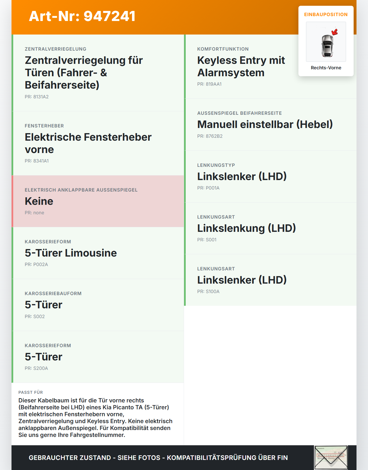 Kia Picanto TA 11-17 5T Kabelbaum für Tür und Fensterheber Rechts Vorne Kia Picanto TA 11-17 21.04.2011... Vorschau 3