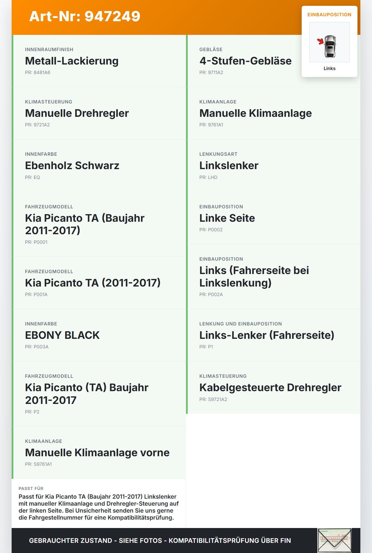 Kia Picanto TA 11-17 Luftdusche Luftdüse Links Kia Picanto TA 11-17 21.04.2011 gebraucht Vorschau 3