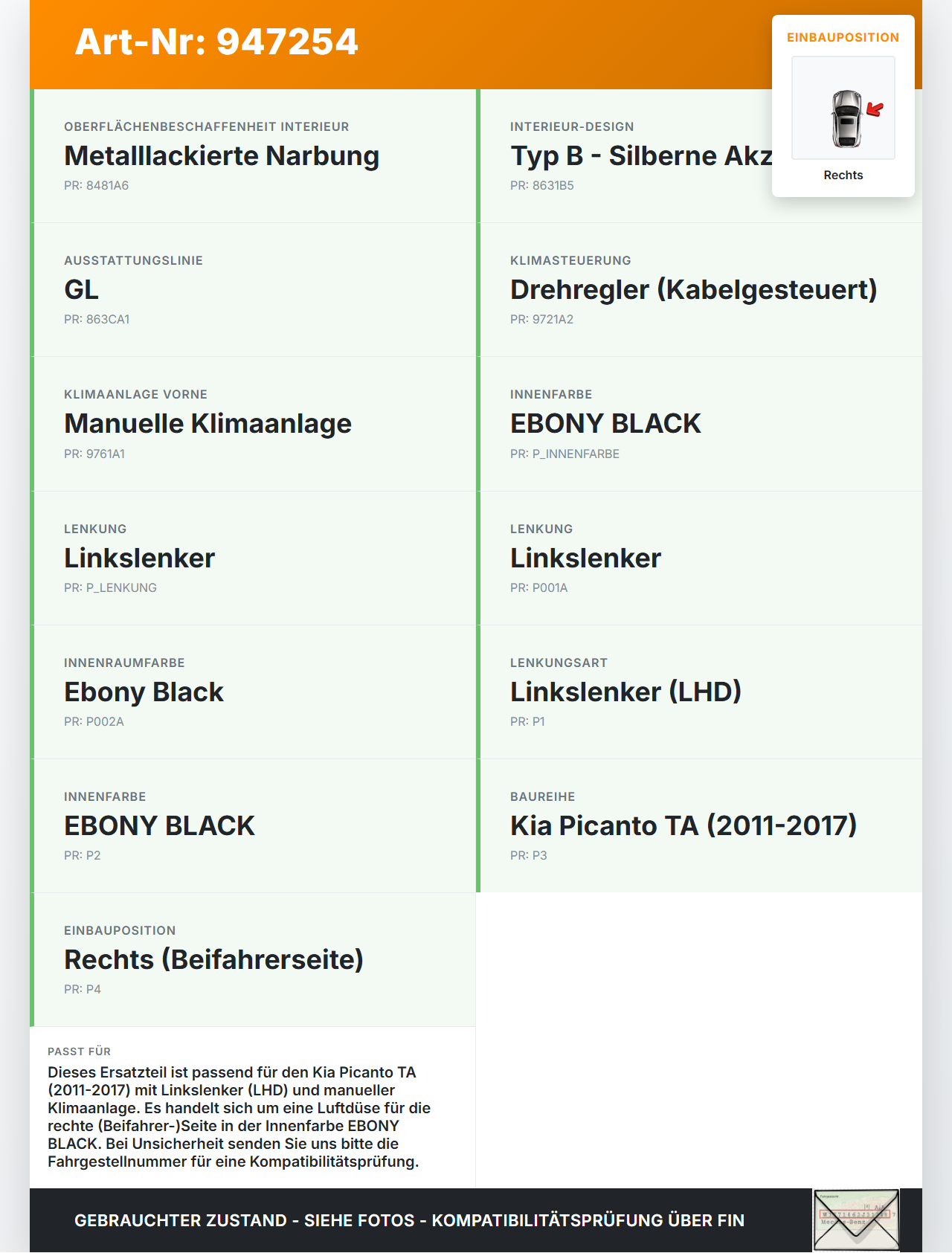 Kia Picanto TA 11-17 Luftdusche Luftdüse Rechts Kia Picanto TA 11-17 21.04.2011 gebraucht Vorschau 3