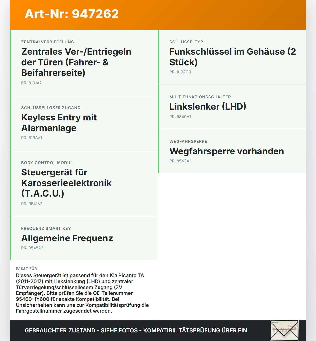 Kia Picanto TA 11-17 Steuergerät Body Control BCM Receiver ZV Empfänger Kia Picanto TA 11-17 21.04.2011 95400-1Y600... Vorschau 3