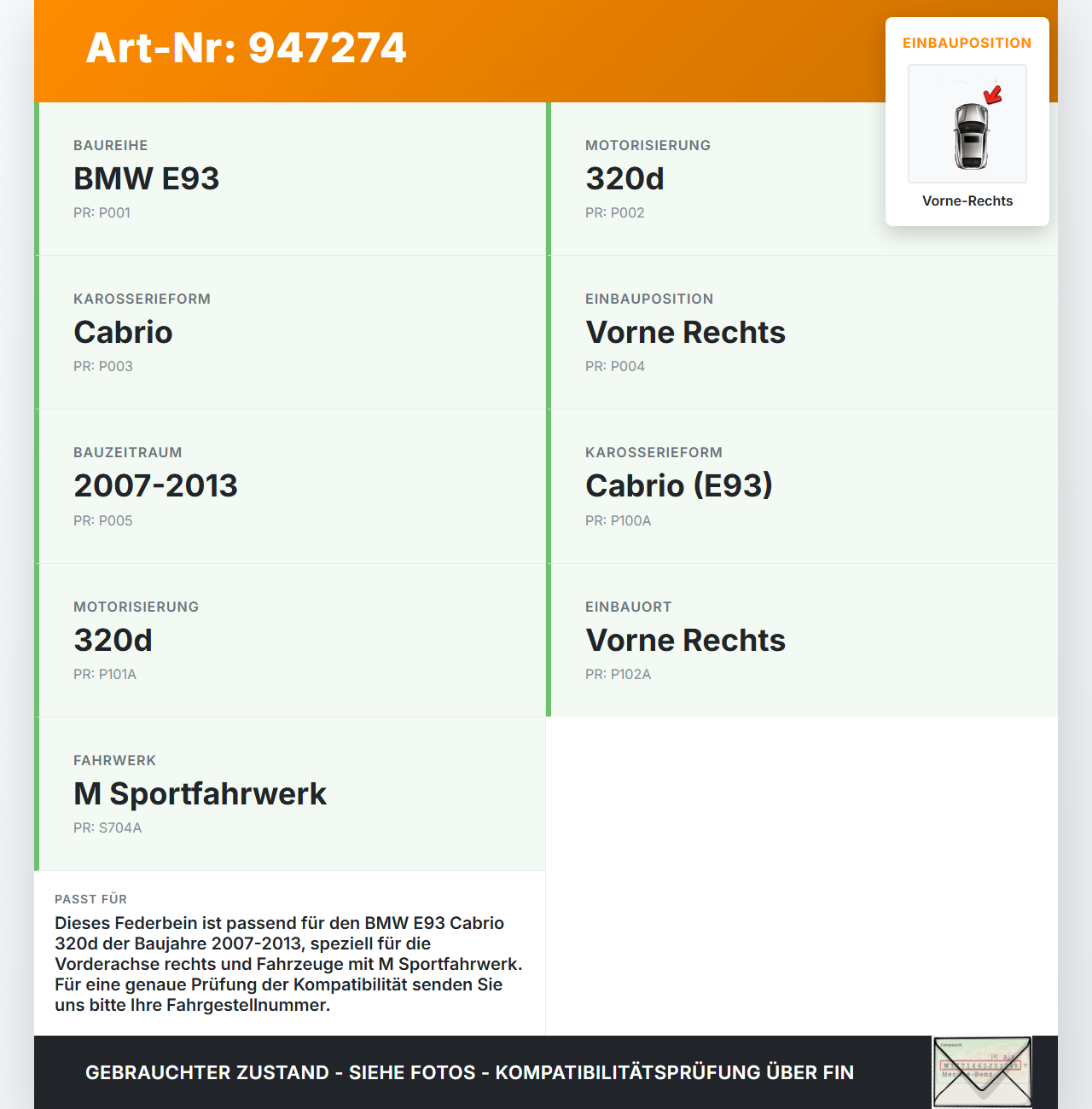 BMW E93 320d 07-13 Cabrio Stossdämpfer Federbein Stoßdämpfer Vorne Rechts BMW E93 320d 07-13 18.03.2009 6785590... Vorschau 3